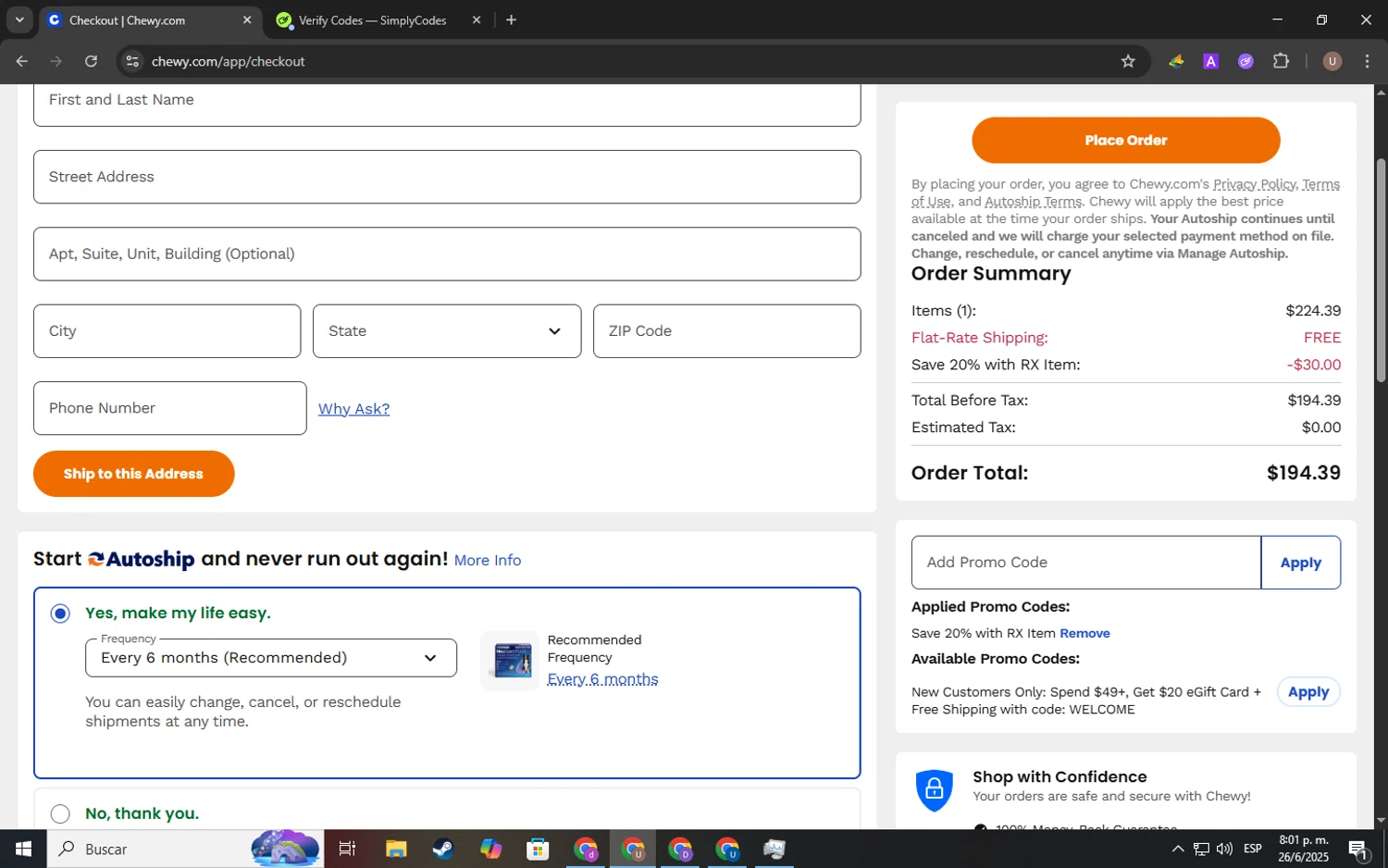 Chewy promo code screenshot showing code RX20 applied at Chewy checkout page. Uploaded by SimplyCodes community member Kelvis_Vargas on Jun 27, 2025