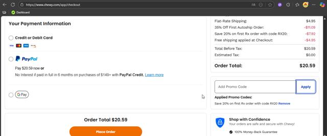 Chewy checkout page showing Chewy promo code box | Screenshot taken by SimplyCodes community member on Sep 24, 2025