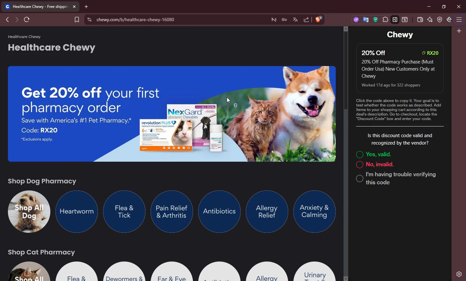 Chewy promo code screenshot showing code RX20 applied at Chewy checkout page. Uploaded by SimplyCodes community member josetf27 on Jul 13, 2025