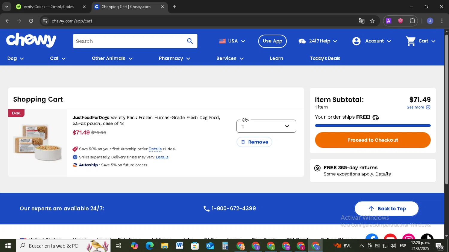 Chewy promo code screenshot showing code GET20 applied at Chewy checkout page. Uploaded by SimplyCodes community member EpicSage3474 on Aug 21, 2025