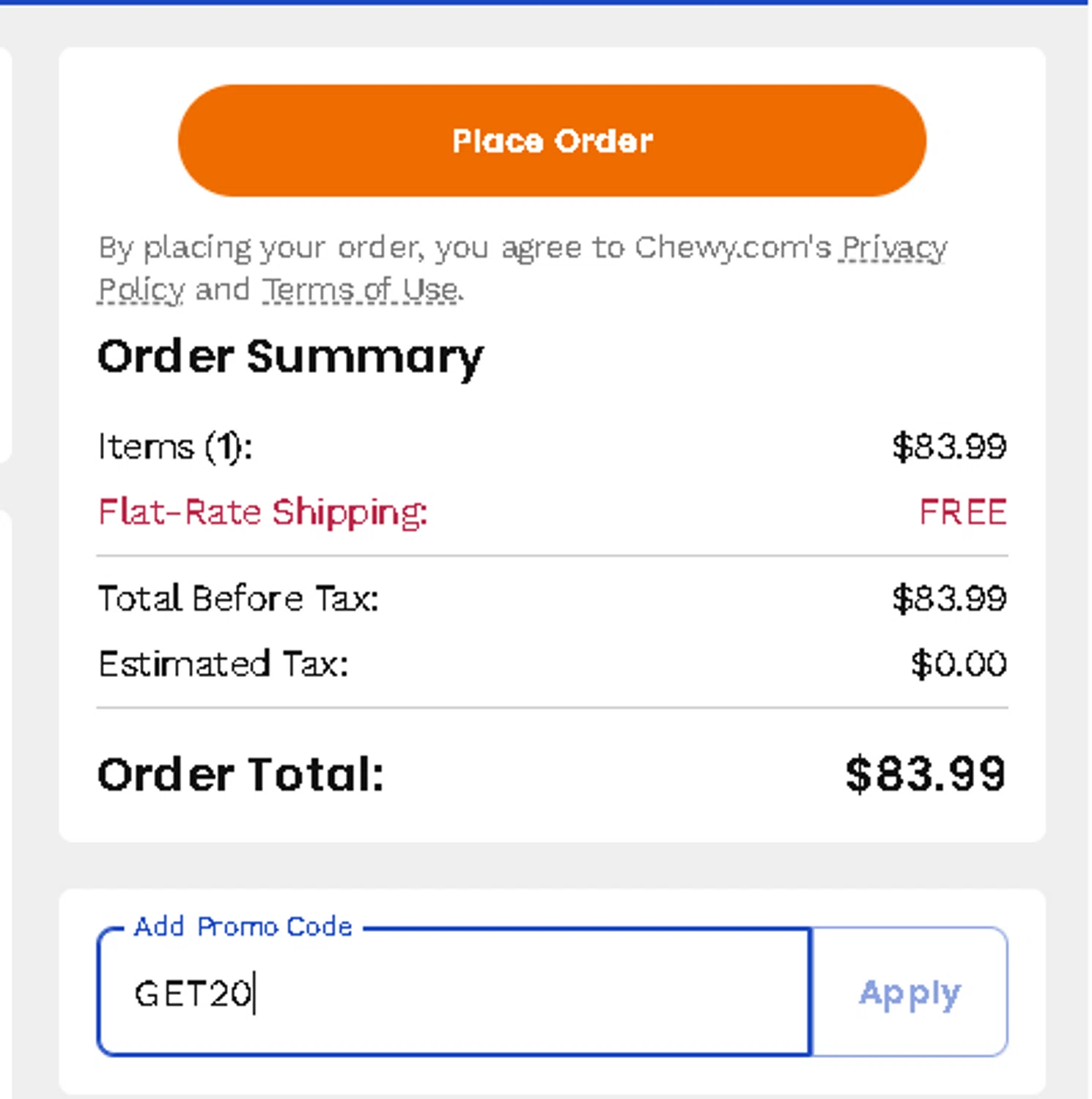 Chewy promo code screenshot showing code GET20 applied at Chewy checkout page. Uploaded by SimplyCodes community member MightyPhoenix5865 on Aug 21, 2025