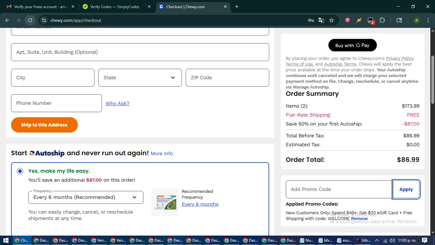 Chewy promo code screenshot showing code WELCOME applied at Chewy checkout page. Uploaded by SimplyCodes community member CashLynx5338 on Jul 25, 2025