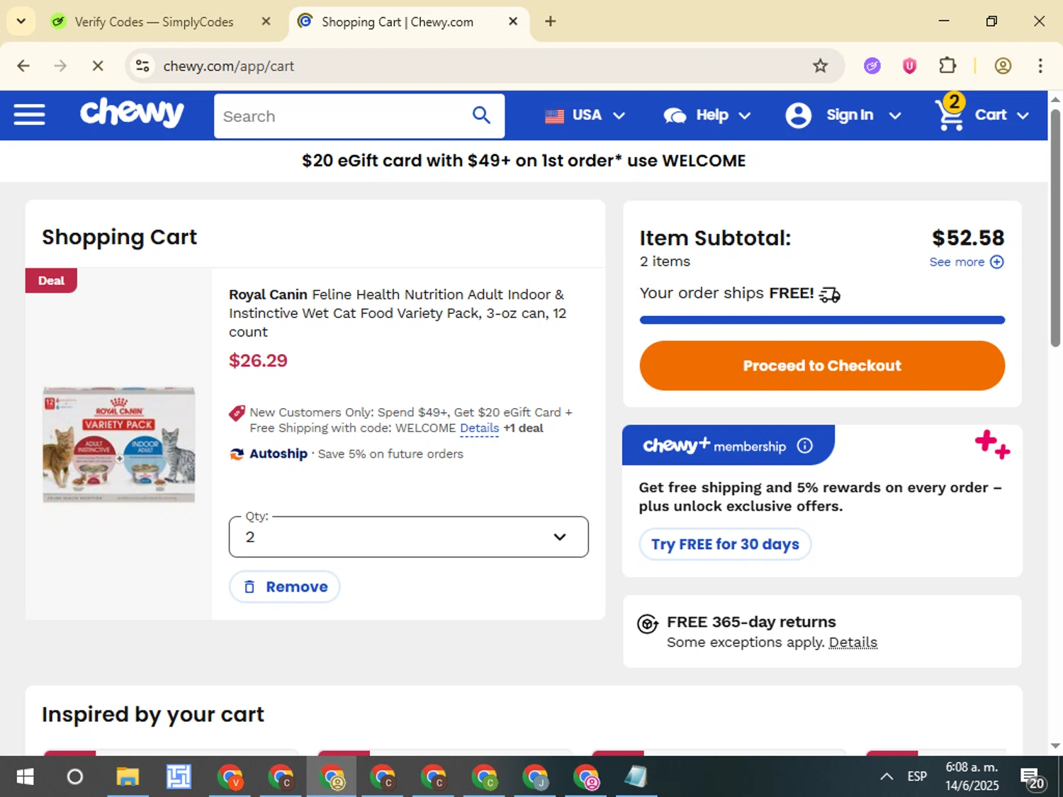 Chewy promo code screenshot showing code WELCOME applied at Chewy checkout page. Uploaded by SimplyCodes community member VictorL on Jun 14, 2025