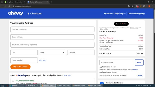 Chewy checkout page showing Chewy promo code box | Screenshot taken by SimplyCodes community member on Aug 20, 2025