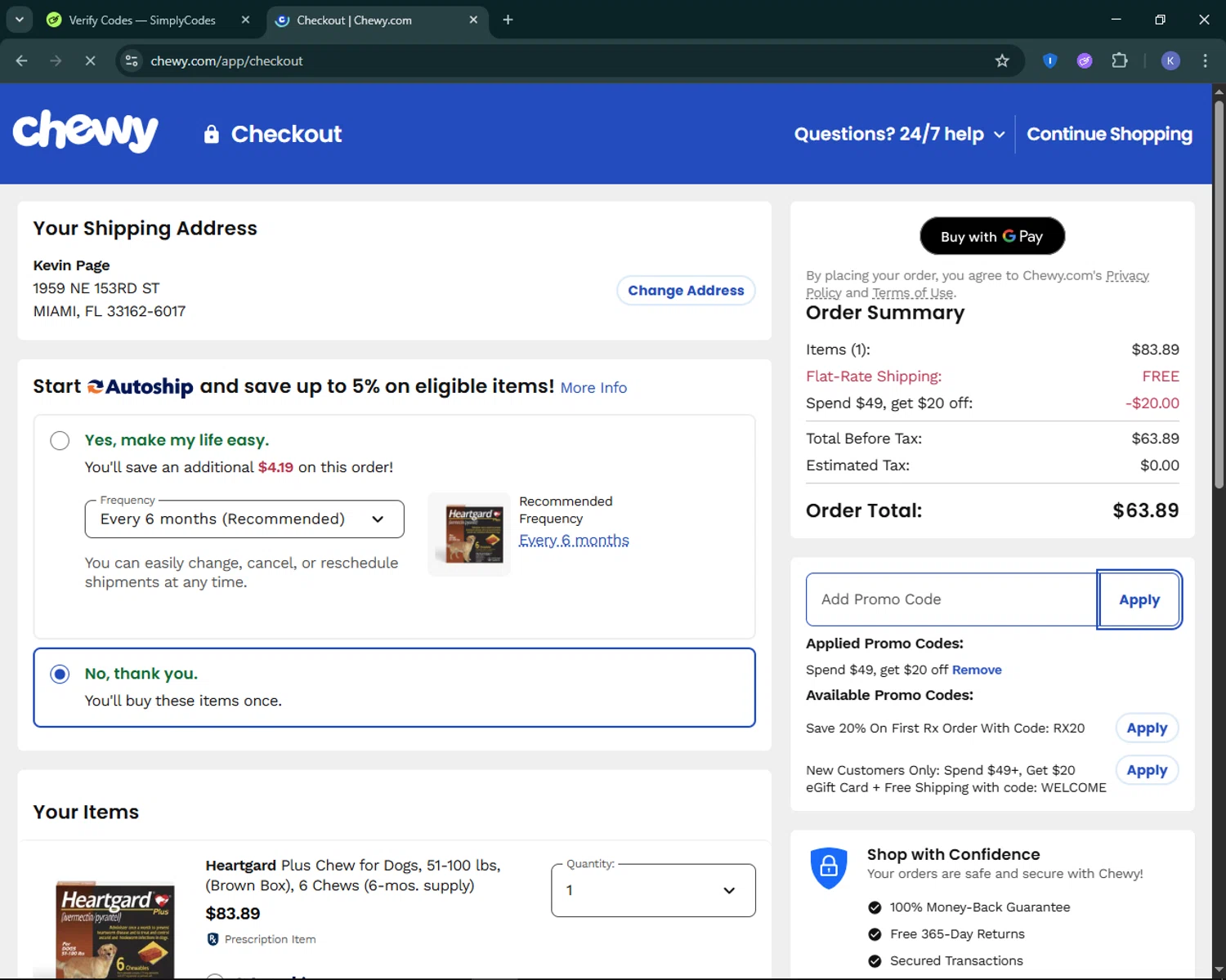 Chewy promo code screenshot showing code NEWADOPTION20 applied at Chewy checkout page. Uploaded by SimplyCodes community member KevLapage on Aug 11, 2025