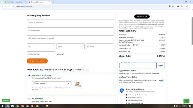 Chewy checkout page showing Chewy promo code box | Screenshot taken by SimplyCodes community member on Sep 26, 2025