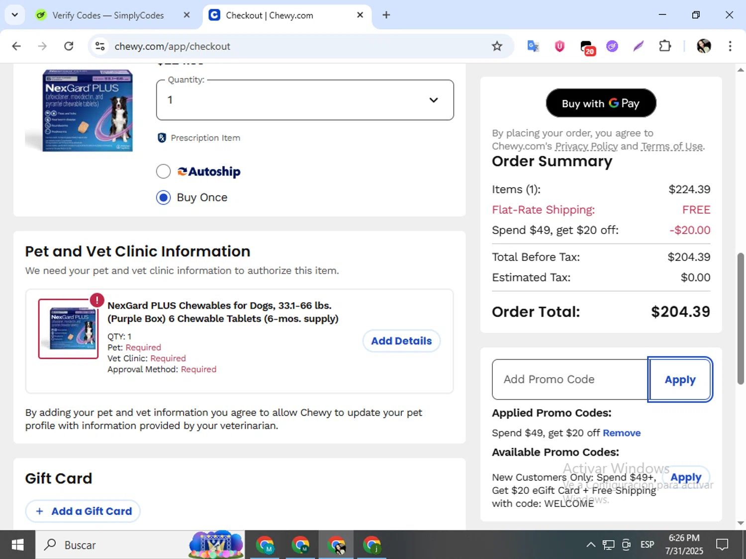 Chewy promo code screenshot showing code NEWADOPTION20 applied at Chewy checkout page. Uploaded by SimplyCodes community member mariapolancog on Jul 31, 2025