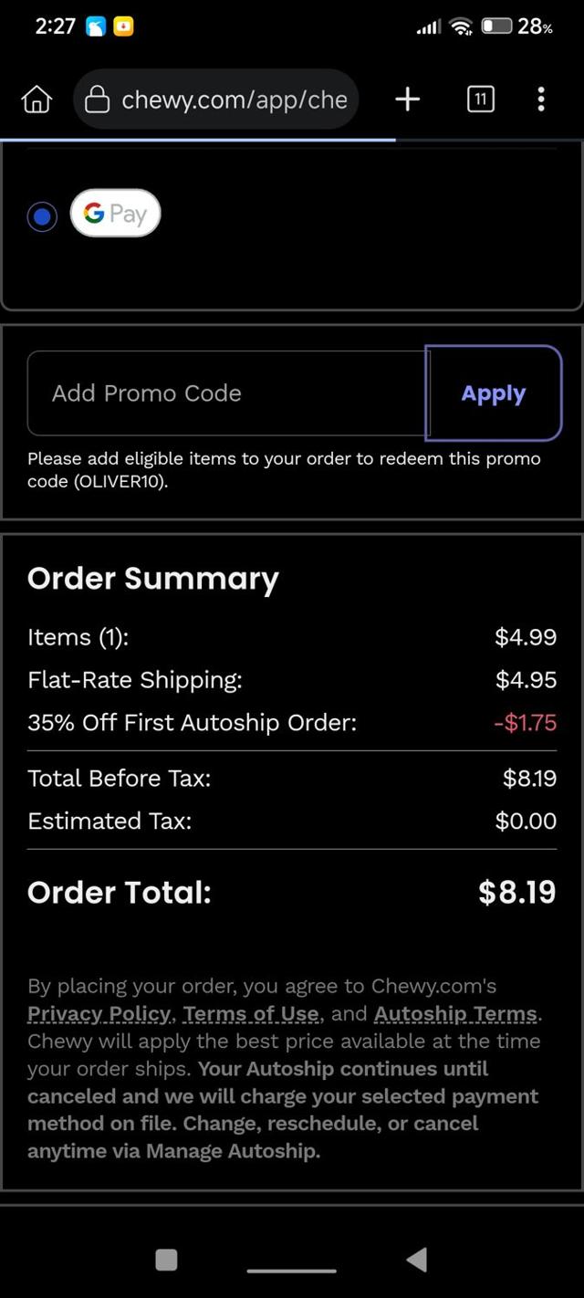 Chewy checkout page showing Chewy promo code box | Screenshot taken by SimplyCodes community member on Sep 26, 2025