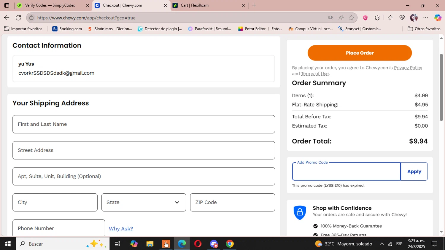 Chewy promo code screenshot showing code LYSSIE10 applied at Chewy checkout page. Uploaded by SimplyCodes community member GoldHunter7700 on Aug 24, 2025
