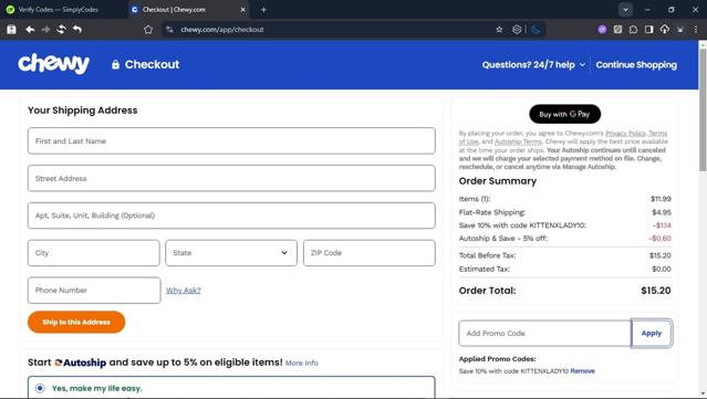 Chewy checkout page showing Chewy promo code box | Screenshot taken by SimplyCodes community member on Sep 23, 2025
