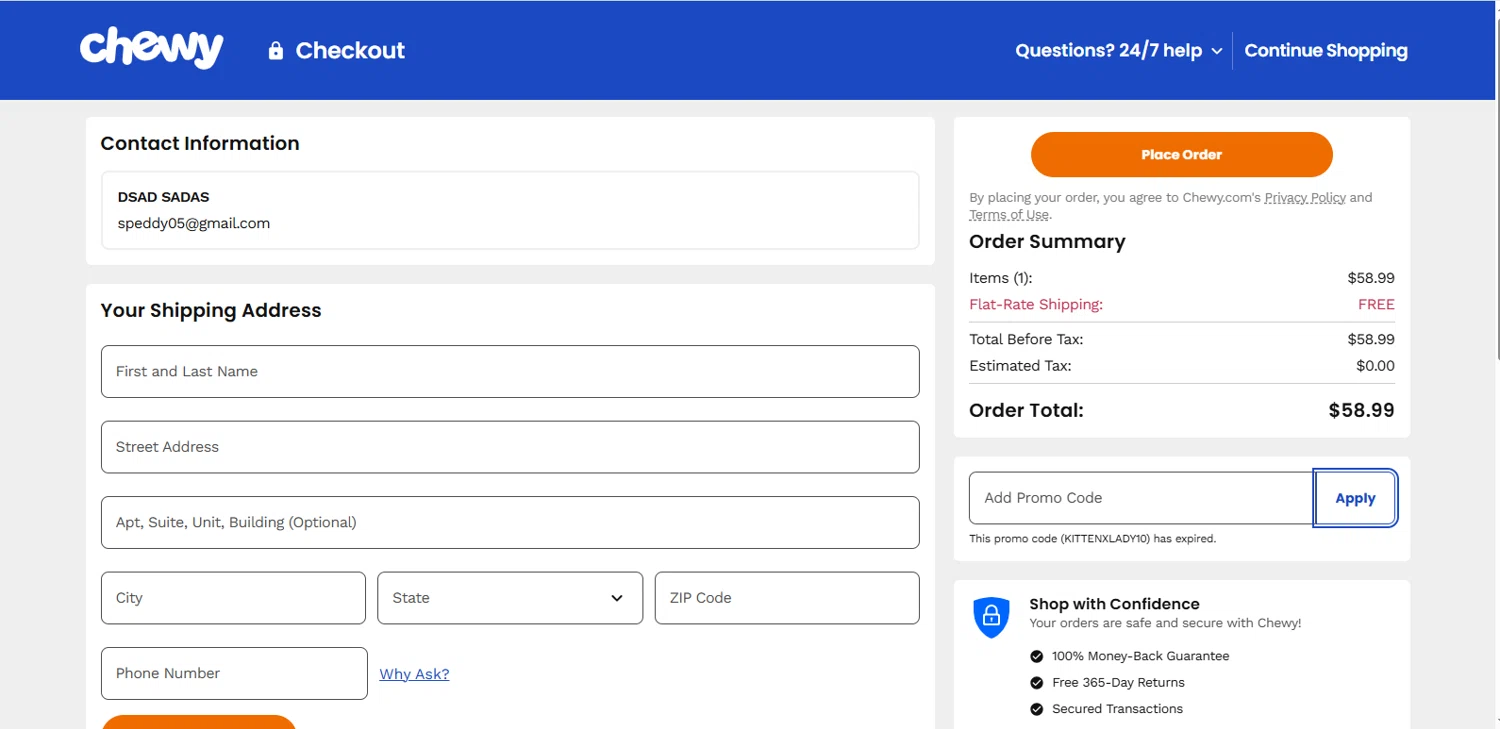 Chewy promo code screenshot showing code KITTENXLADY10 applied at Chewy checkout page. Uploaded by SimplyCodes community member Wolffire on Aug 26, 2025