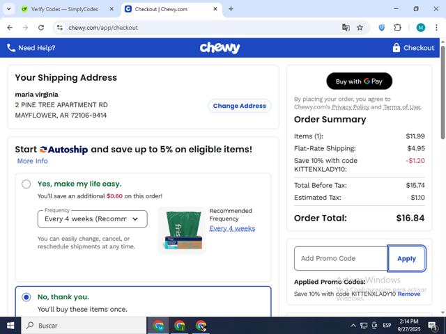 Chewy checkout page showing Chewy promo code box | Screenshot taken by SimplyCodes community member on Sep 27, 2025