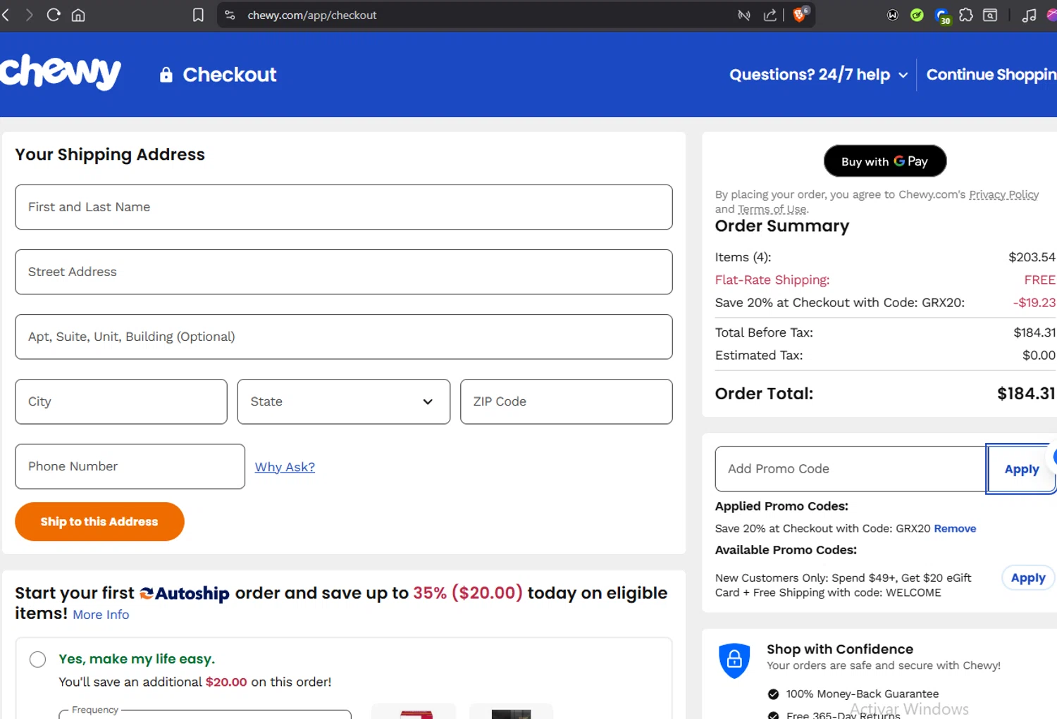 Chewy promo code screenshot showing code GRX20 applied at Chewy checkout page. Uploaded by SimplyCodes community member Jmhernand1 on Jun 26, 2025
