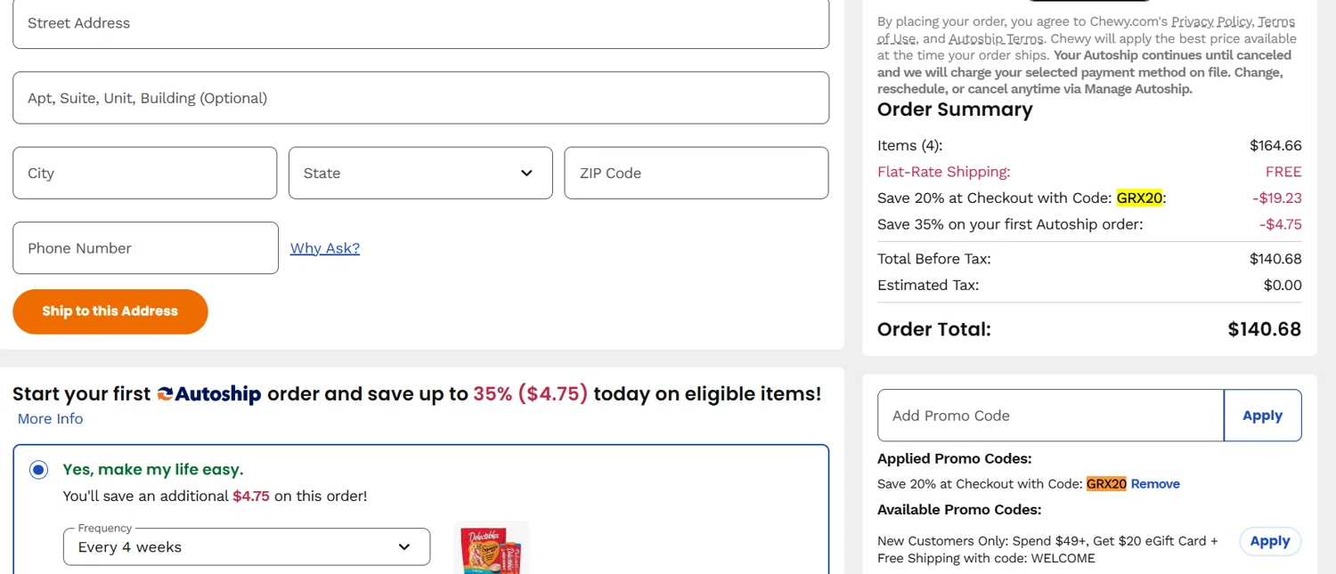 Chewy promo code screenshot showing code GRX20 applied at Chewy checkout page. Uploaded by SimplyCodes community member Lioniel on Jul 31, 2025