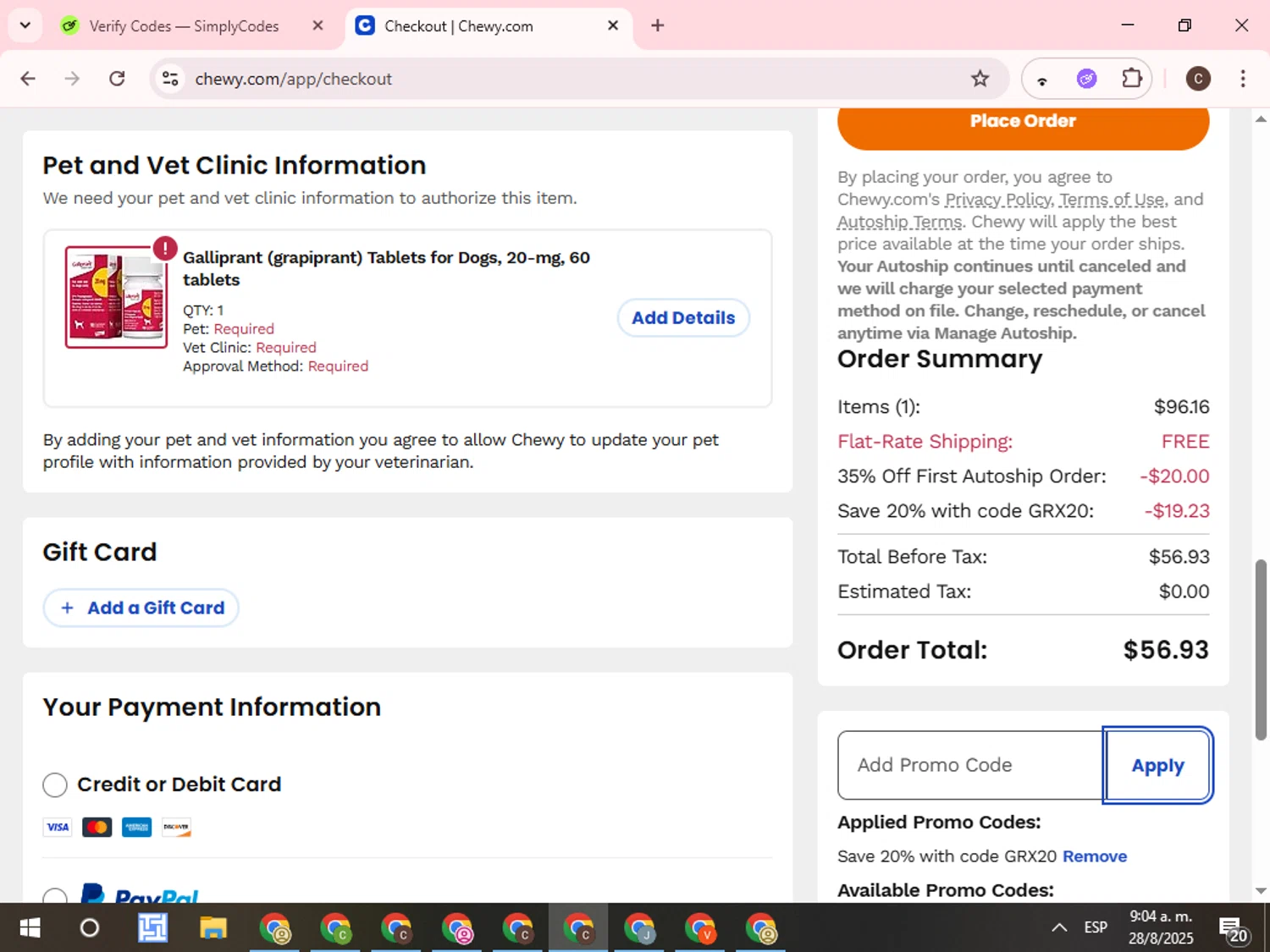 Chewy promo code screenshot showing code GRX20 applied at Chewy checkout page. Uploaded by SimplyCodes community member WonderCurator7831 on Aug 28, 2025