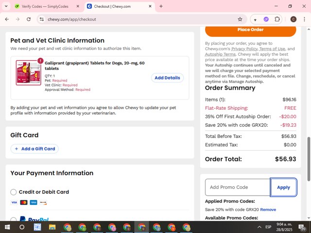 Chewy checkout page showing Chewy promo code box | Screenshot taken by SimplyCodes community member on Aug 28, 2025