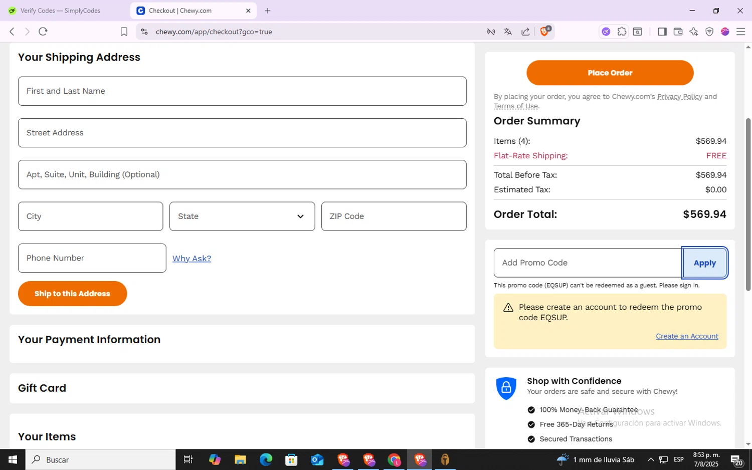 Chewy promo code screenshot showing code EQSUP applied at Chewy checkout page. Uploaded by SimplyCodes community member VoucherSpotter6910 on Aug 8, 2025