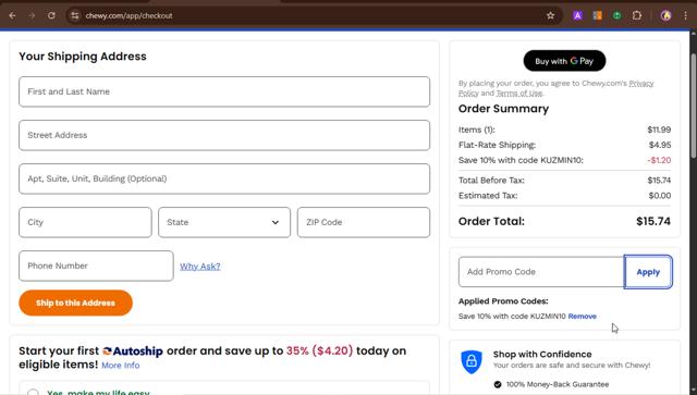 Chewy checkout page showing Chewy promo code box | Screenshot taken by SimplyCodes community member on Sep 25, 2025