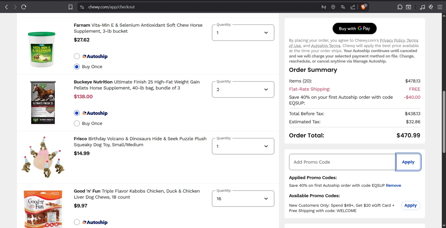 Chewy promo code screenshot showing code EQSUP applied at Chewy checkout page. Uploaded by SimplyCodes community member juanvargas1 on Aug 7, 2025