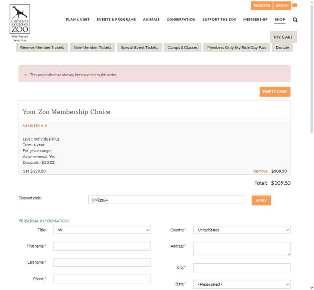Cheyenne Mountain Zoo checkout page showing Cheyenne Mountain Zoo discount code box | Screenshot taken by SimplyCodes community member on May 24, 2024
