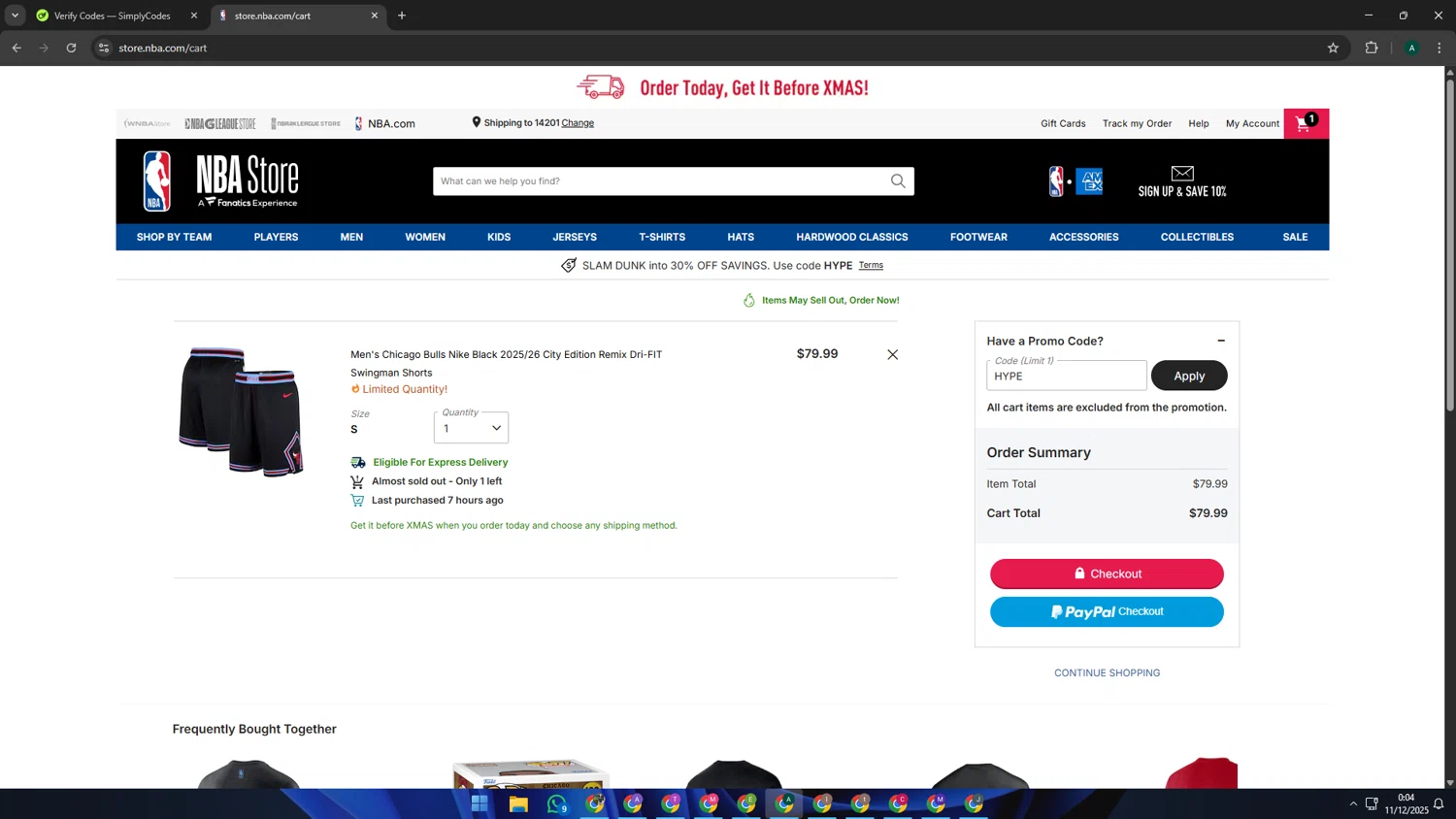 Chicago Bulls checkout page showing Chicago Bulls promo code box | Screenshot taken by SimplyCodes community member on Dec 11, 2025