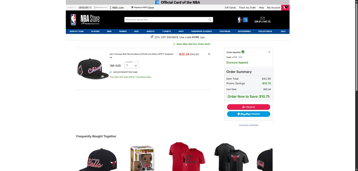 Chicago Bulls checkout page showing Chicago Bulls promo code box | Screenshot taken by SimplyCodes community member on Jan 15, 2026