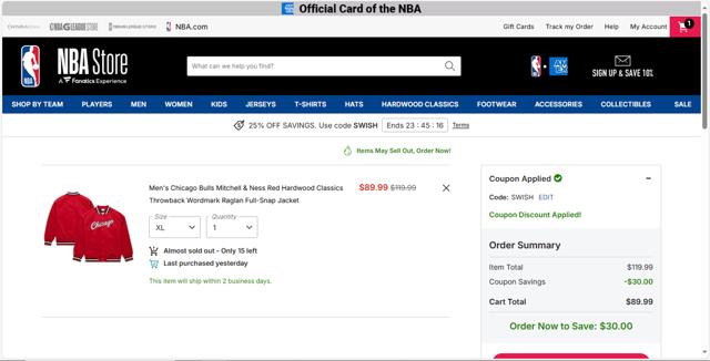 Chicago Bulls checkout page showing Chicago Bulls promo code box | Screenshot taken by SimplyCodes community member on Sep 3, 2025