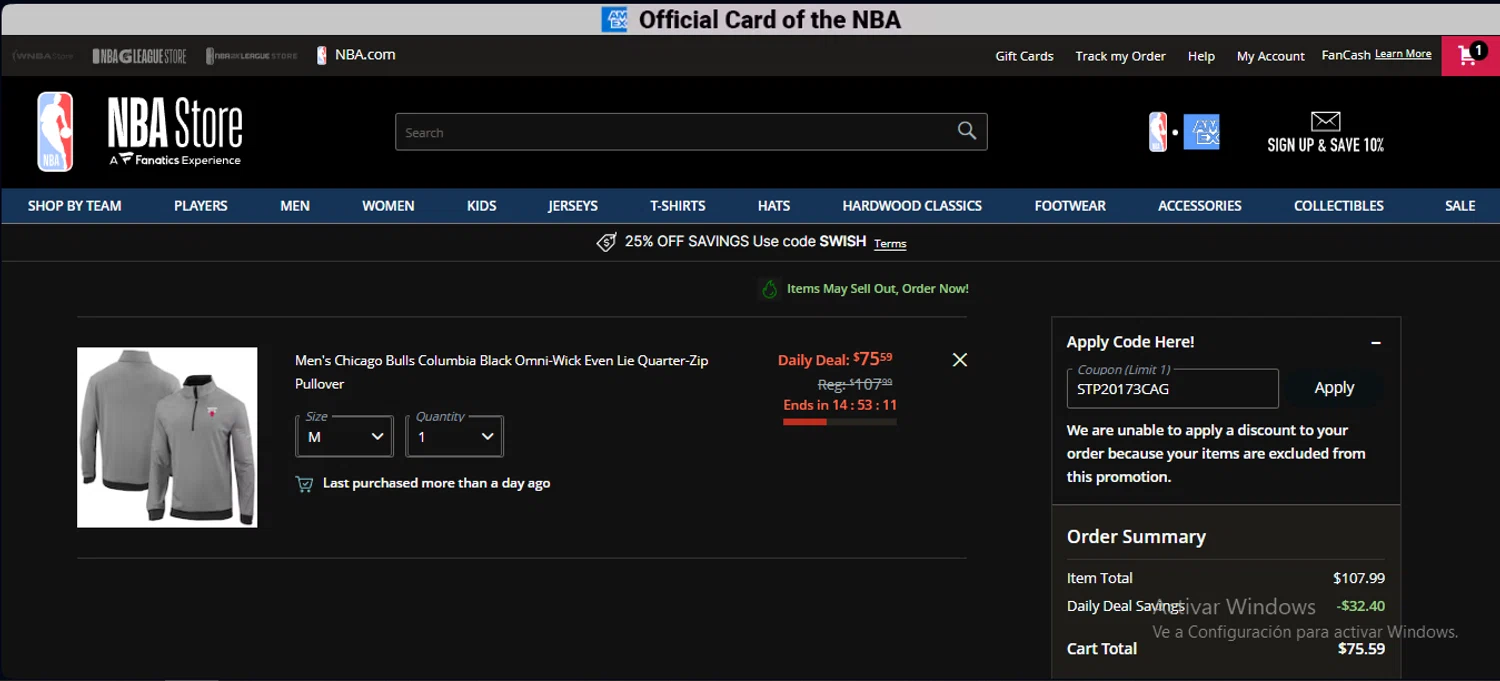 Chicago Bulls promo code screenshot showing code STP20173CAG applied at Chicago Bulls checkout page. Uploaded by SimplyCodes community member BeastMode on Mar 20, 2025