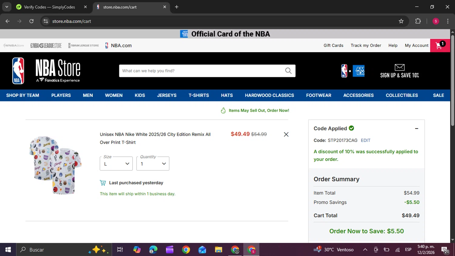 Chicago Bulls checkout page showing Chicago Bulls promo code box | Screenshot taken by SimplyCodes community member on Feb 12, 2026