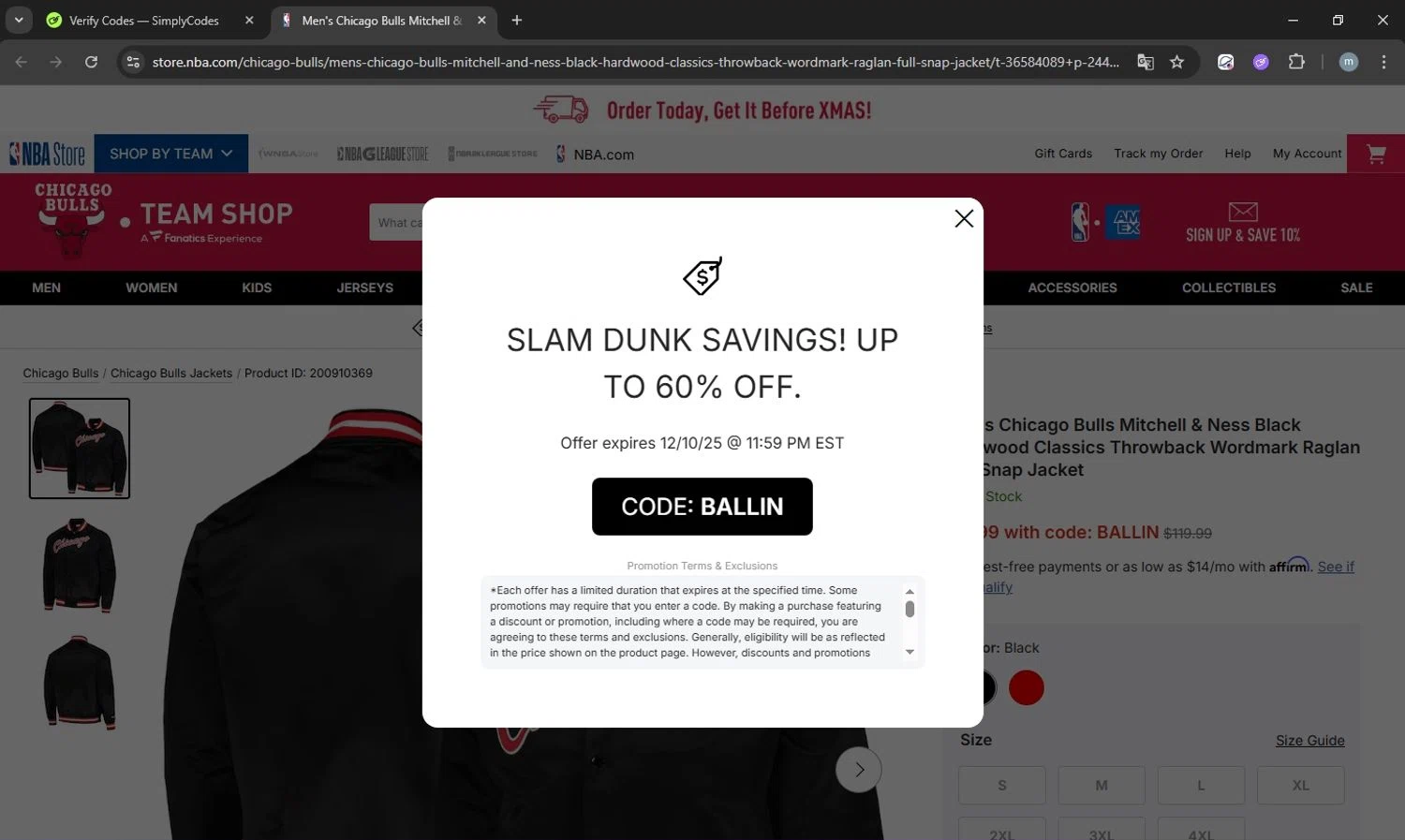 Chicago Bulls checkout page showing Chicago Bulls promo code box | Screenshot taken by SimplyCodes community member on Dec 10, 2025