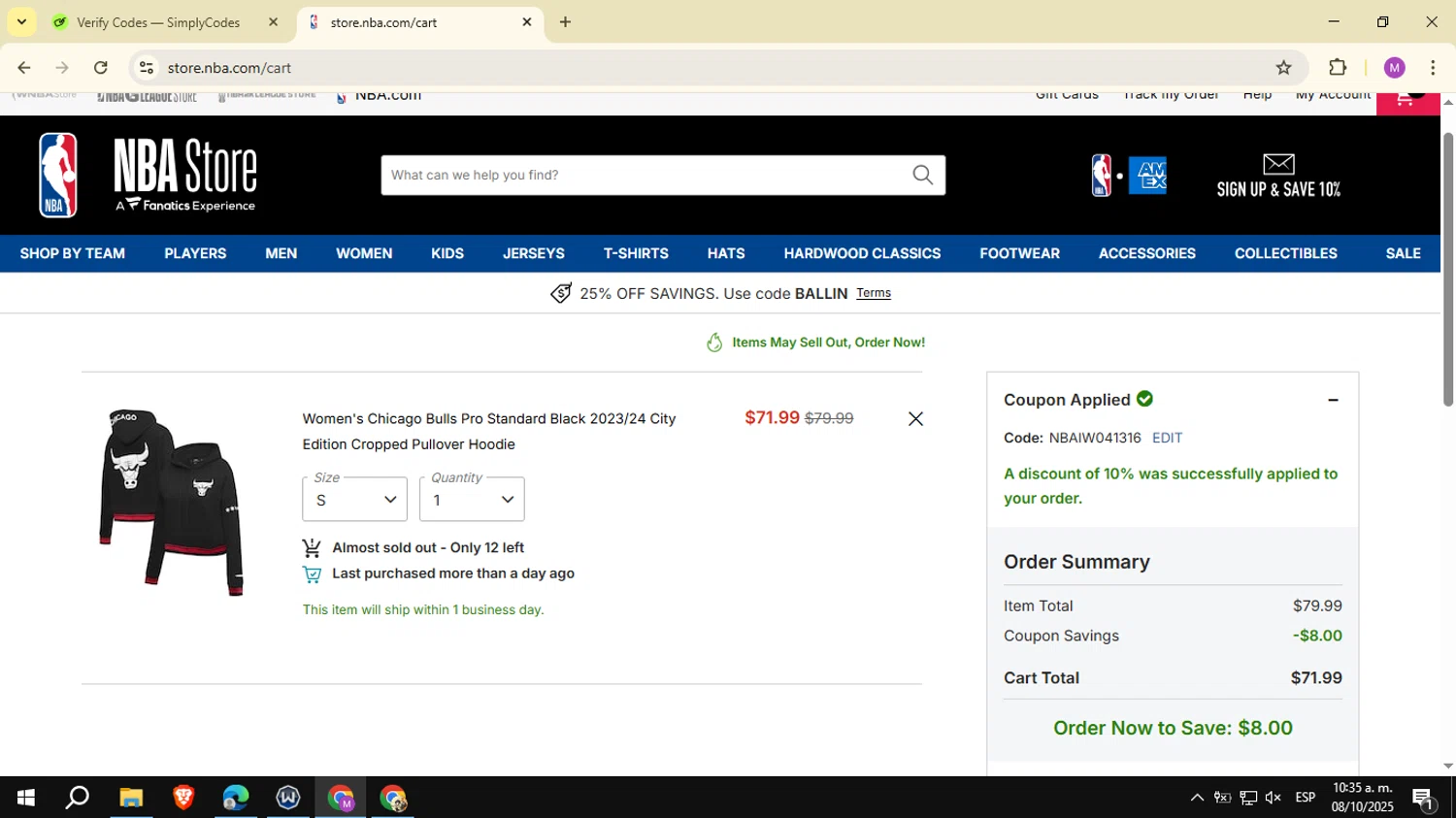 Chicago Bulls promo code screenshot showing code NBAIW041316 applied at Chicago Bulls checkout page. Uploaded by SimplyCodes community member NobleSeeker3177 on Oct 8, 2025