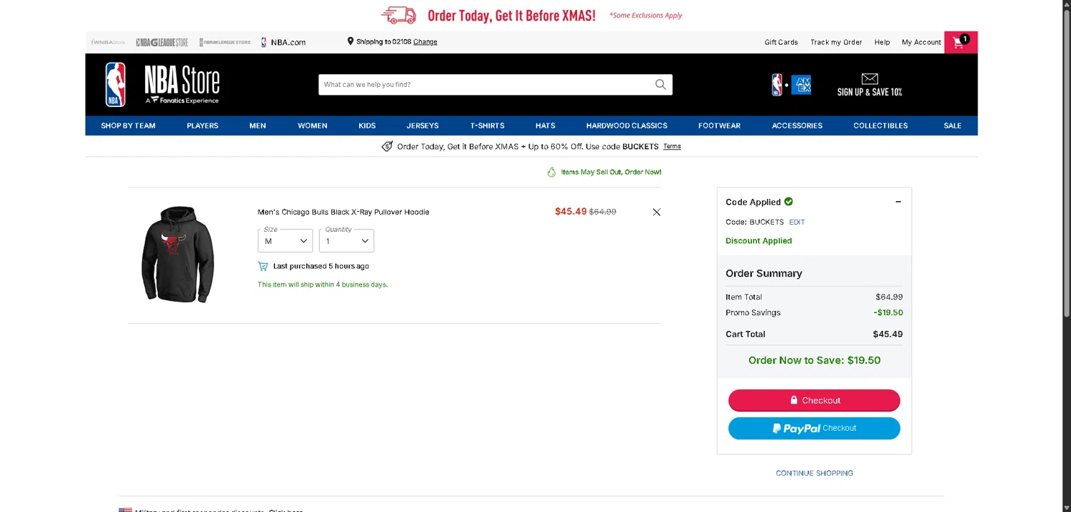 Chicago Bulls checkout page showing Chicago Bulls promo code box | Screenshot taken by SimplyCodes community member on Dec 19, 2025