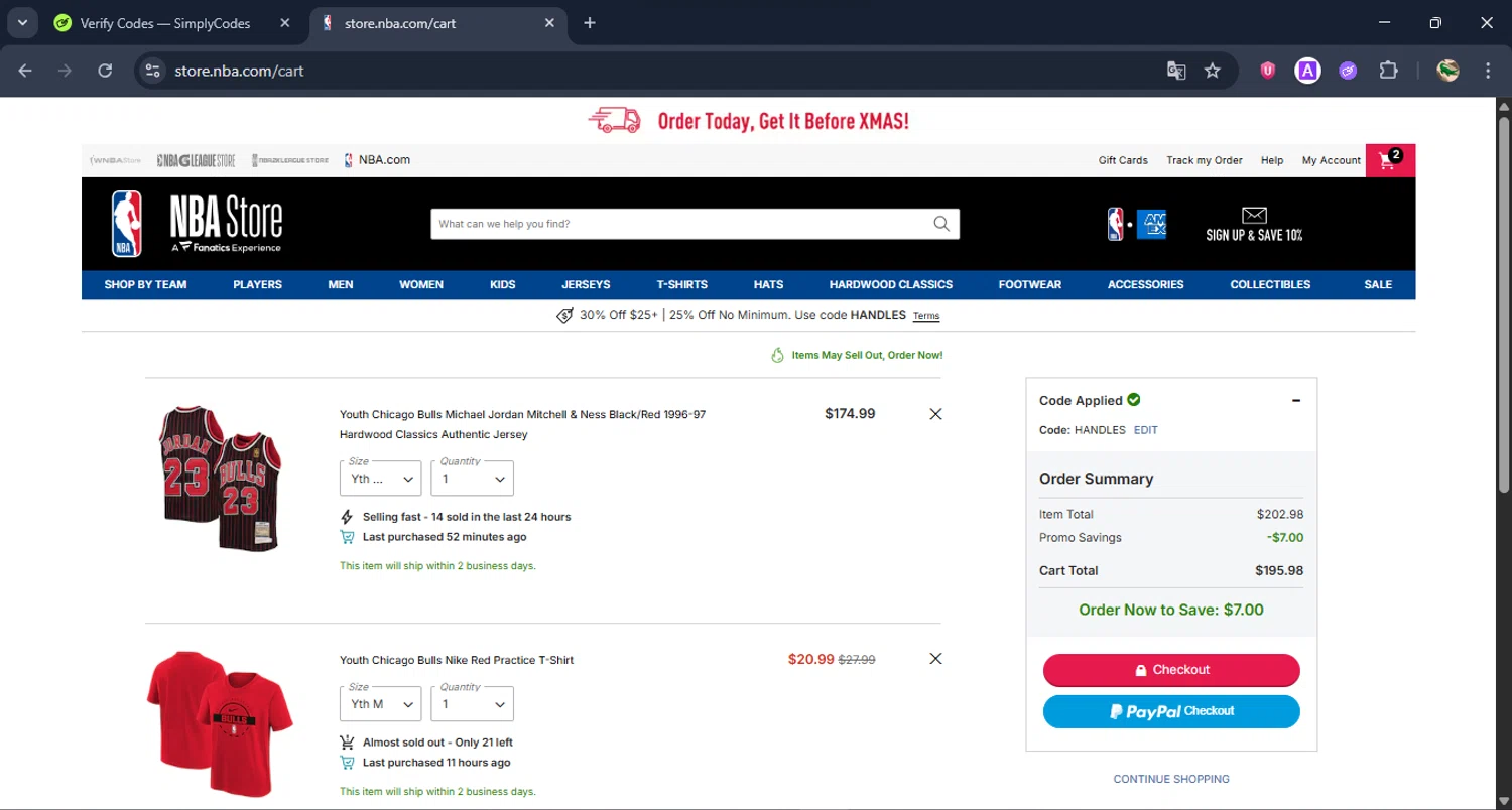 Chicago Bulls checkout page showing Chicago Bulls promo code box | Screenshot taken by SimplyCodes community member on Dec 16, 2025