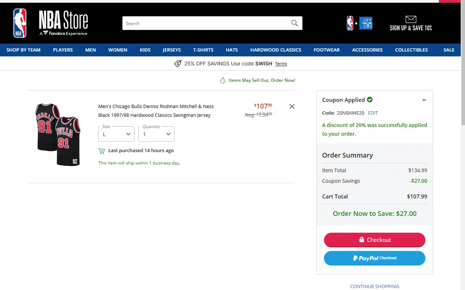 Chicago Bulls promo code screenshot showing code 20NBAWE20 applied at Chicago Bulls checkout page. Uploaded by SimplyCodes community member SmartFinder4193 on Mar 20, 2025