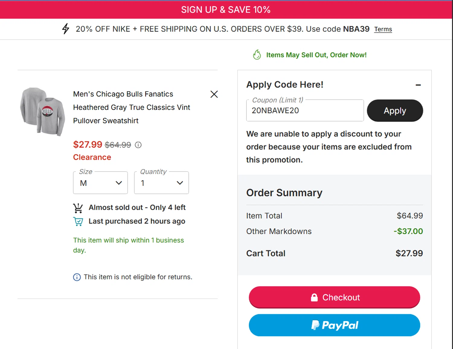 Chicago Bulls promo code screenshot showing code 20NBAWE20 applied at Chicago Bulls checkout page. Uploaded by SimplyCodes community member ValiantLion5897 on Aug 16, 2025