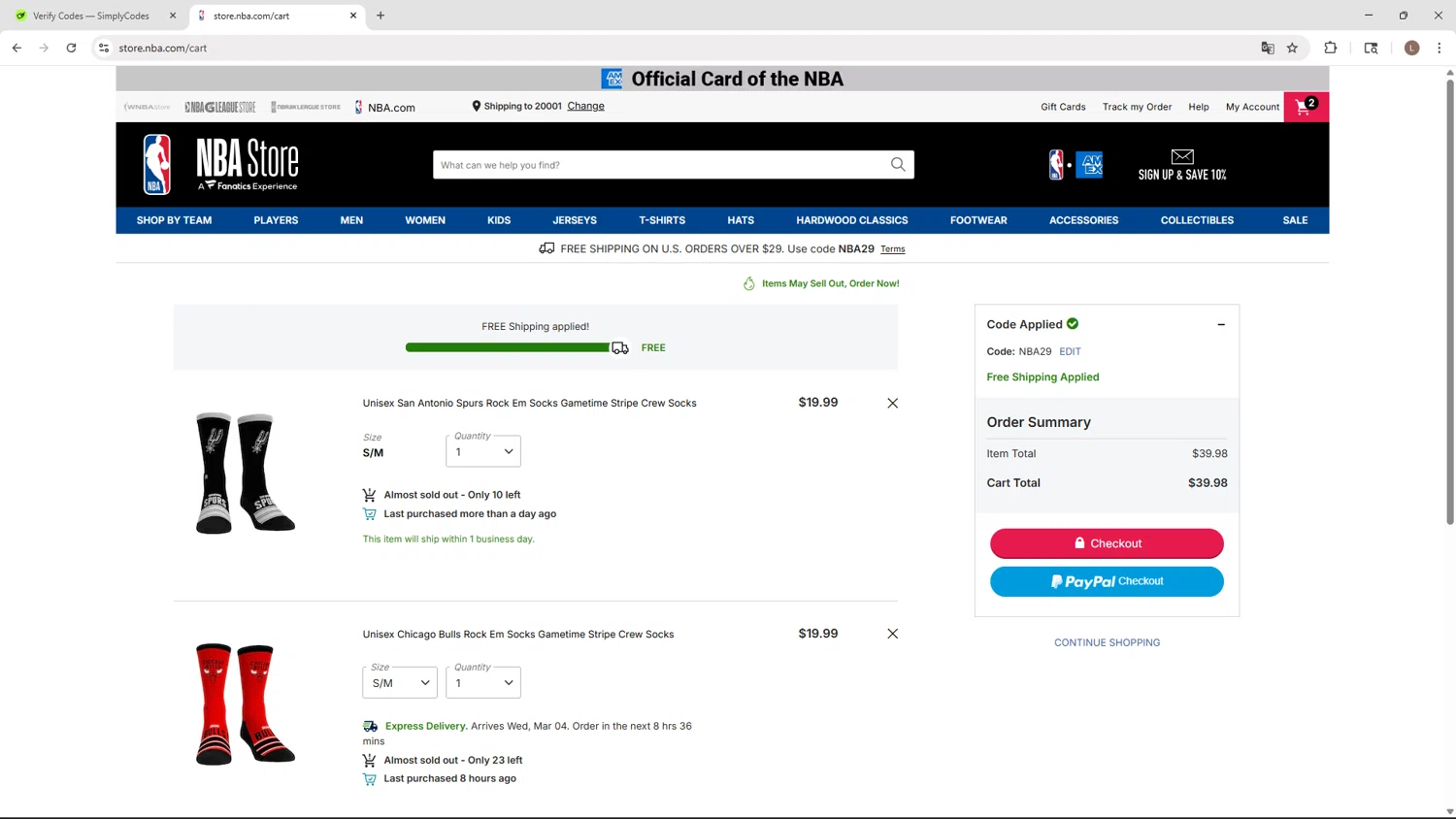 Chicago Bulls promo code screenshot showing code NBA29 applied at Chicago Bulls checkout page. Uploaded by SimplyCodes community member BENELLI on Feb 27, 2026