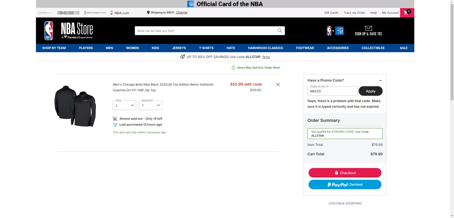Chicago Bulls promo code screenshot showing code NBA29 applied at Chicago Bulls checkout page. Uploaded by SimplyCodes community member ValiantAce1810 on Feb 15, 2026