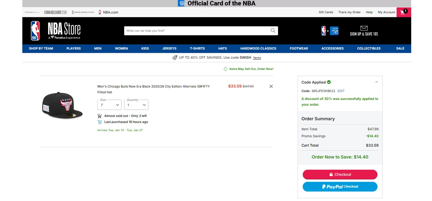 Chicago Bulls promo code screenshot showing code 965JPE5K8K22 applied at Chicago Bulls checkout page. Uploaded by SimplyCodes community member OnlywM on Dec 26, 2025