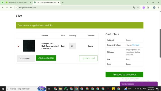 Chicago Canvas & Supply checkout page showing Chicago Canvas & Supply promo code box | Screenshot taken by SimplyCodes community member on Jun 26, 2025