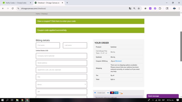 Chicago Canvas & Supply checkout page showing Chicago Canvas & Supply promo code box | Screenshot taken by SimplyCodes community member on Jun 15, 2025