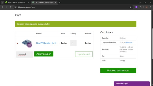 Chicago Canvas & Supply checkout page showing Chicago Canvas & Supply promo code box | Screenshot taken by SimplyCodes community member on Jul 25, 2025