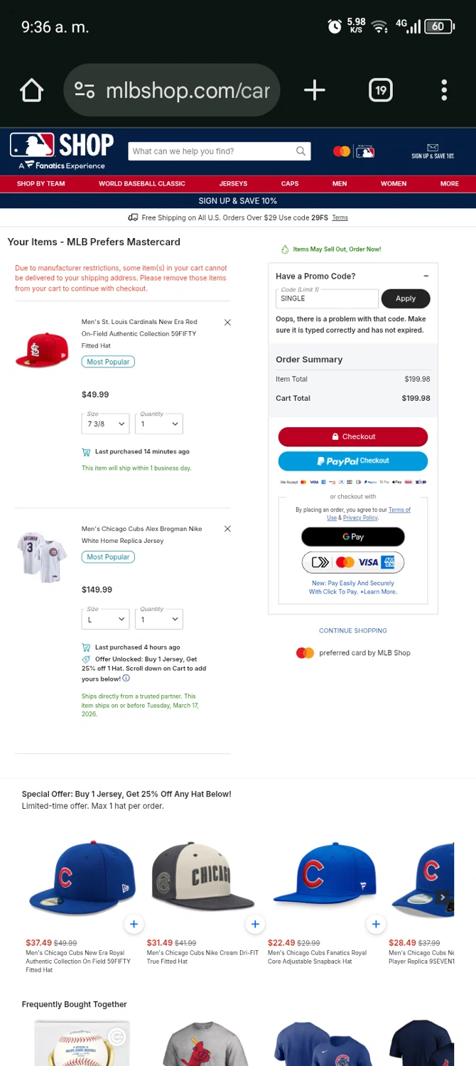 Chicago Cubs promo code screenshot showing code SINGLE applied at Chicago Cubs checkout page. Uploaded by SimplyCodes community member Bernado on Feb 3, 2026