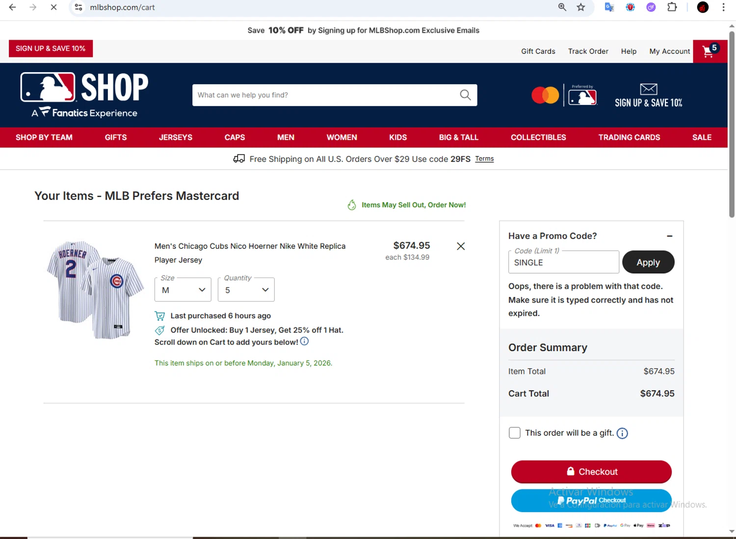 Chicago Cubs promo code screenshot showing code SINGLE applied at Chicago Cubs checkout page. Uploaded by SimplyCodes community member Francisco01 on Jan 3, 2026