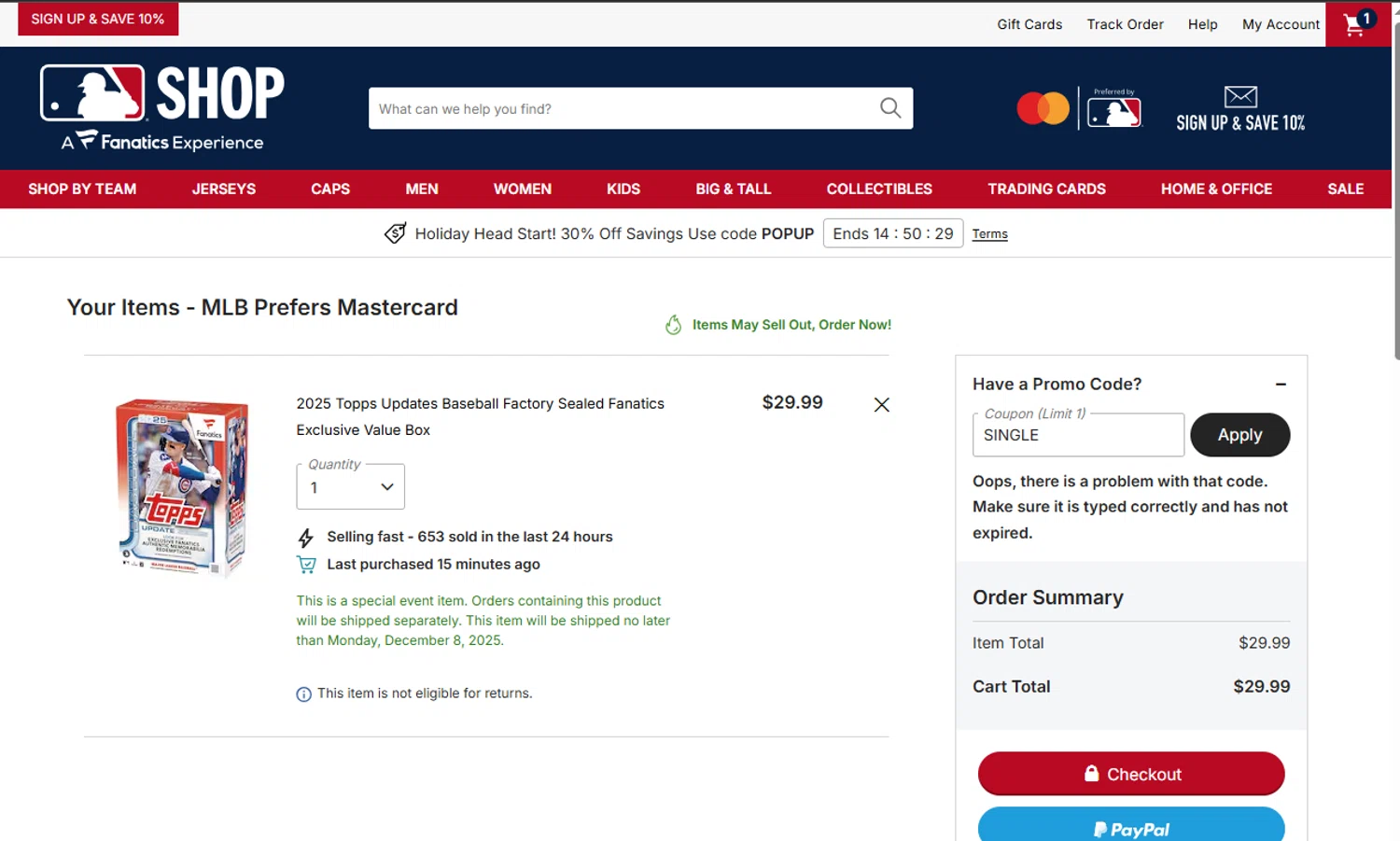 Chicago Cubs promo code screenshot showing code SINGLE applied at Chicago Cubs checkout page. Uploaded by SimplyCodes community member ShieldWarden5142 on Nov 17, 2025