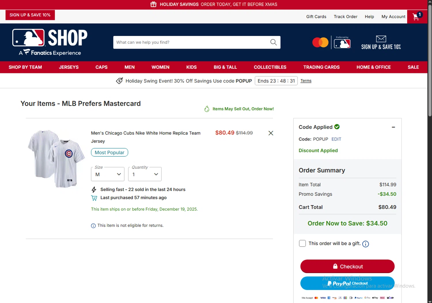 Chicago Cubs checkout page showing Chicago Cubs promo code box | Screenshot taken by SimplyCodes community member on Dec 18, 2025