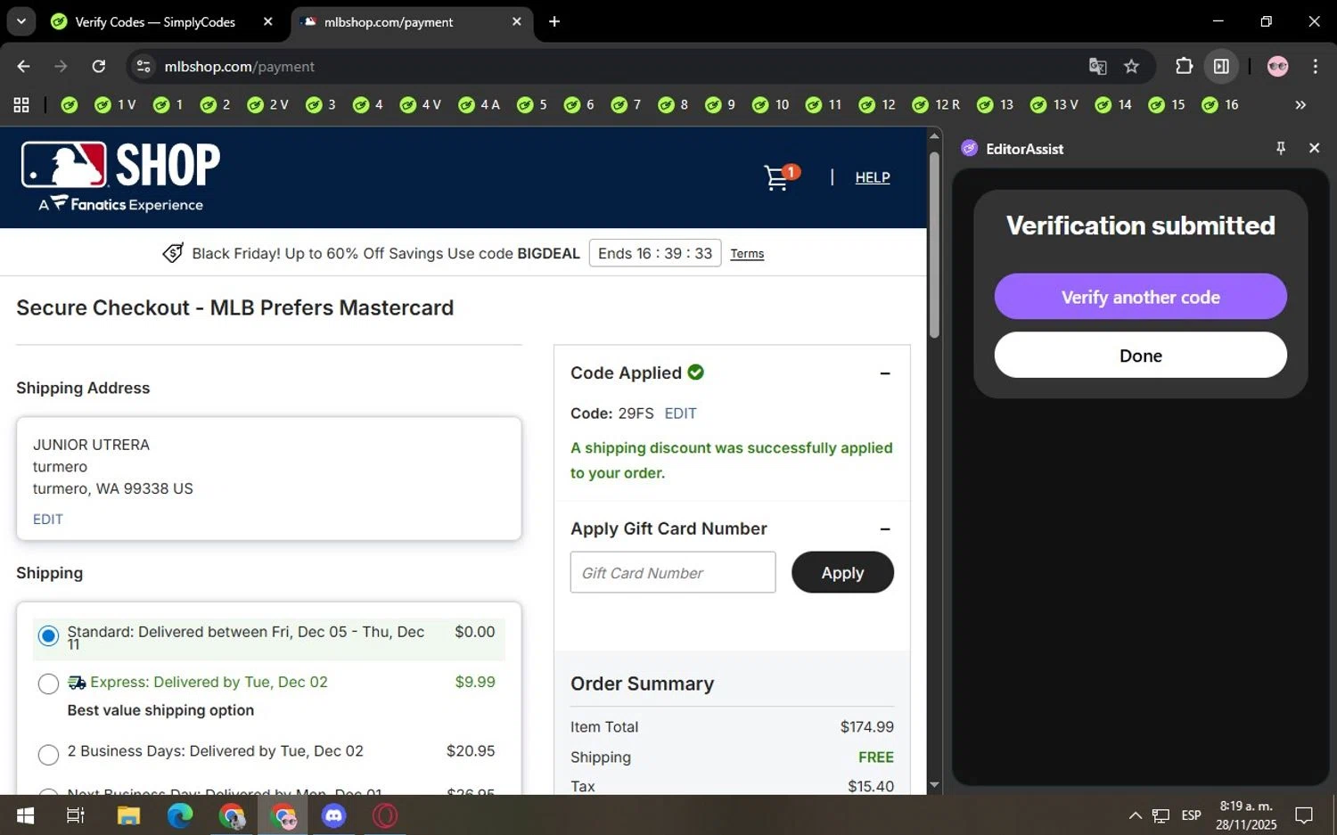Chicago Cubs promo code screenshot showing code 29FS applied at Chicago Cubs checkout page. Uploaded by SimplyCodes community member Locura on Nov 28, 2025