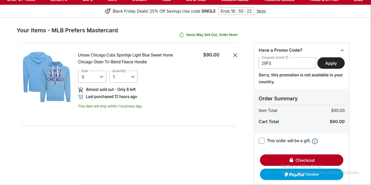 Chicago Cubs promo code screenshot showing code 29FS applied at Chicago Cubs checkout page. Uploaded by SimplyCodes community member RewardLynx9164 on Nov 22, 2025
