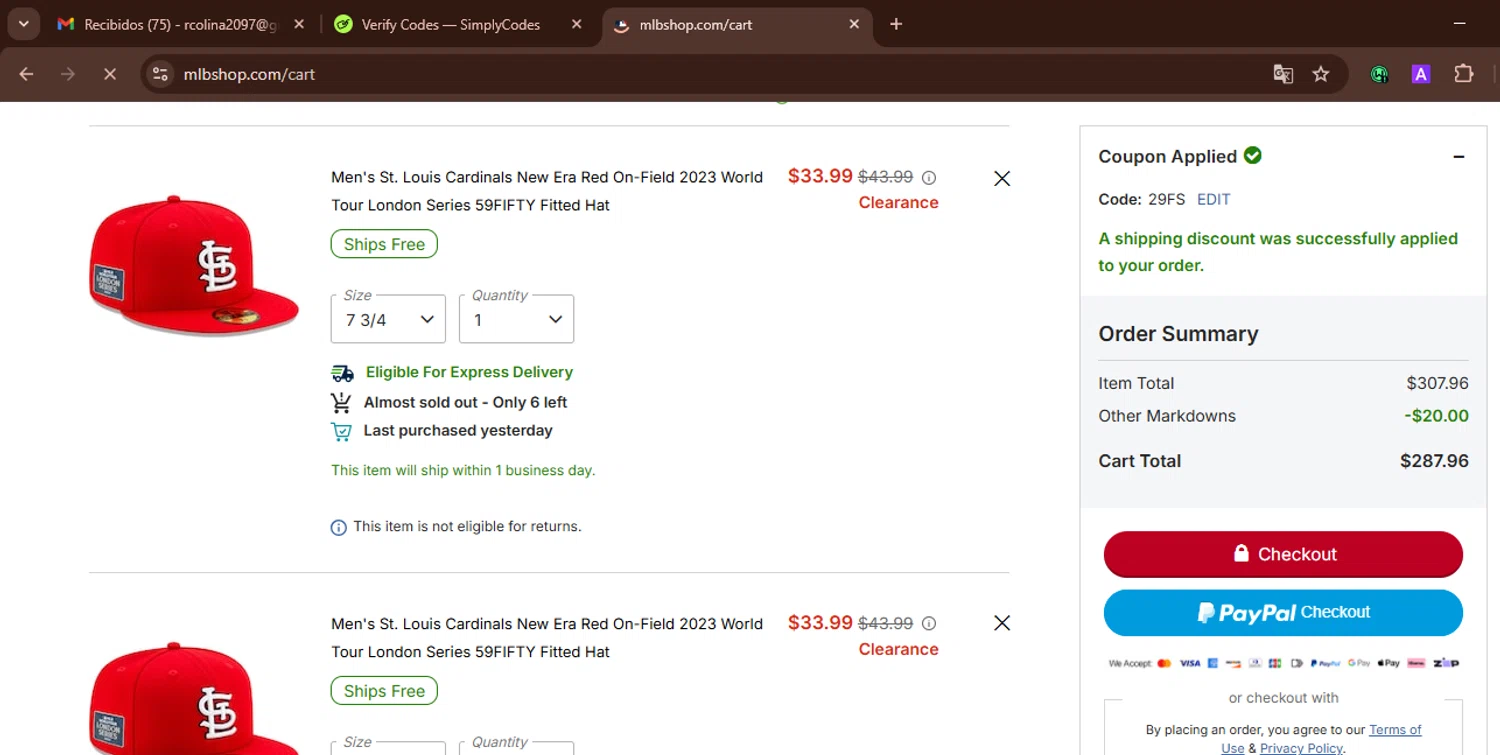 Chicago Cubs promo code screenshot showing code 29FS applied at Chicago Cubs checkout page. Uploaded by SimplyCodes community member WonderWarden594 on Nov 16, 2025