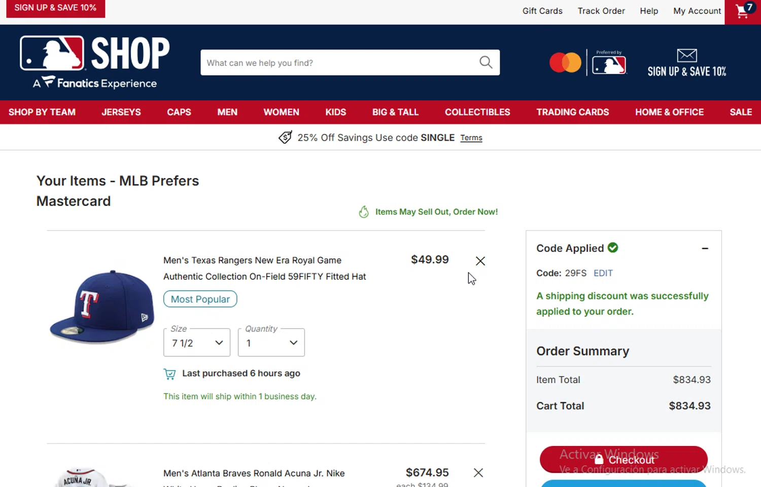 Chicago Cubs promo code screenshot showing code 29FS applied at Chicago Cubs checkout page. Uploaded by SimplyCodes community member ligthYA on Jan 15, 2026