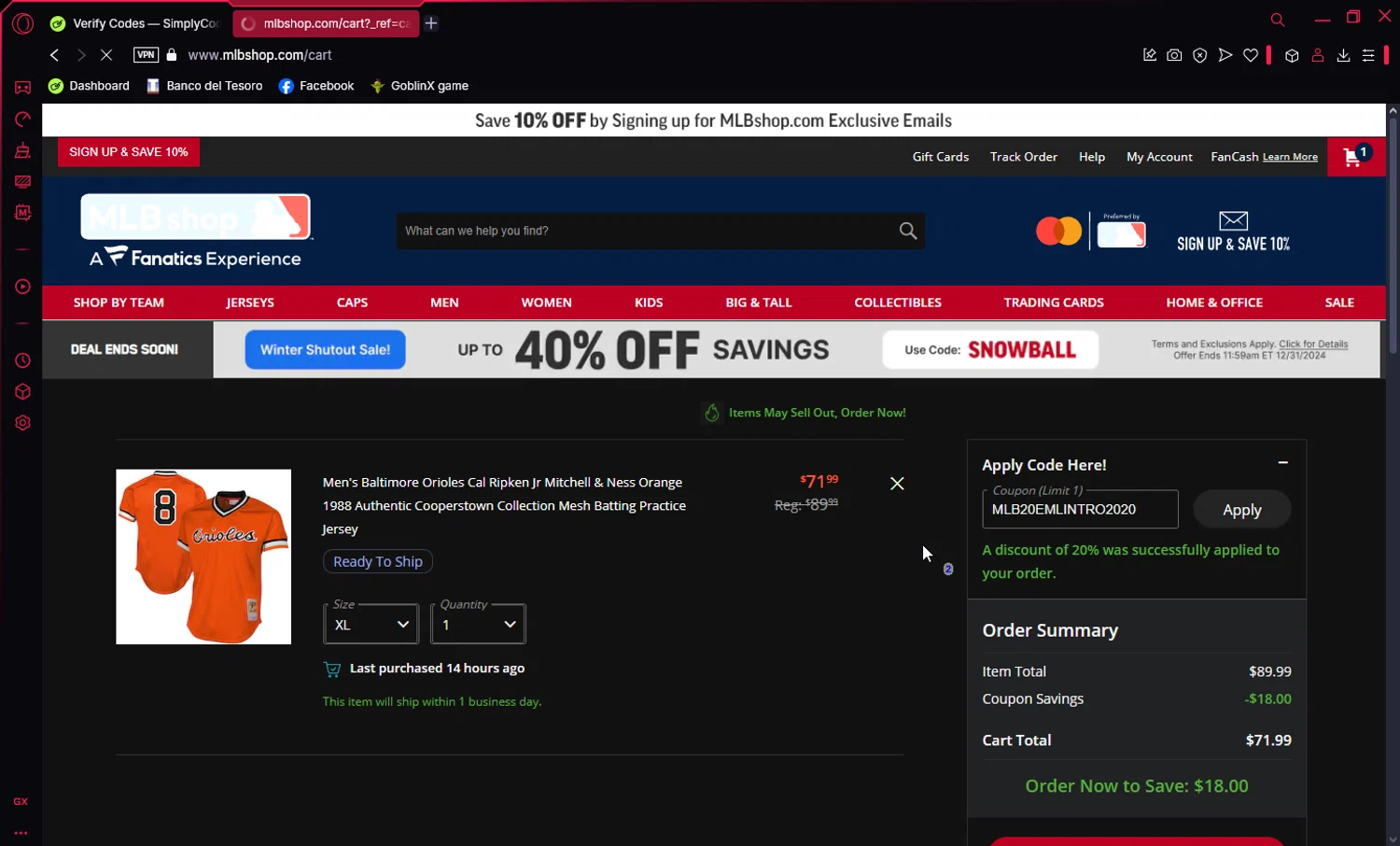Chicago Cubs promo code screenshot showing code MLB20EMLINTRO2020 applied at Chicago Cubs checkout page. Uploaded by SimplyCodes community member Ema007 on Dec 29, 2024